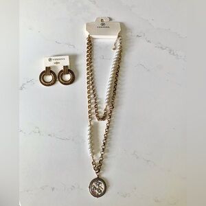 NWT Versona Gold tone and Gray Pearl Necklace and Nickle free Earring Set